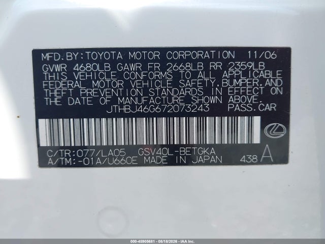 2007 Lexus Es 350 მანქანა იყიდება აუქციონზე, vin: JTHBJ46G672073243, აუქციონის ნომერი: 45905681