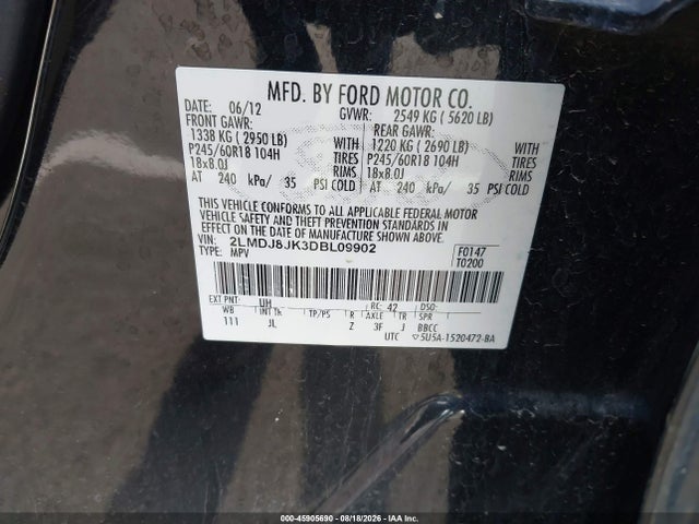 2013 Lincoln Mkx მანქანა იყიდება აუქციონზე, vin: 2LMDJ8JK3DBL09902, აუქციონის ნომერი: 45905690