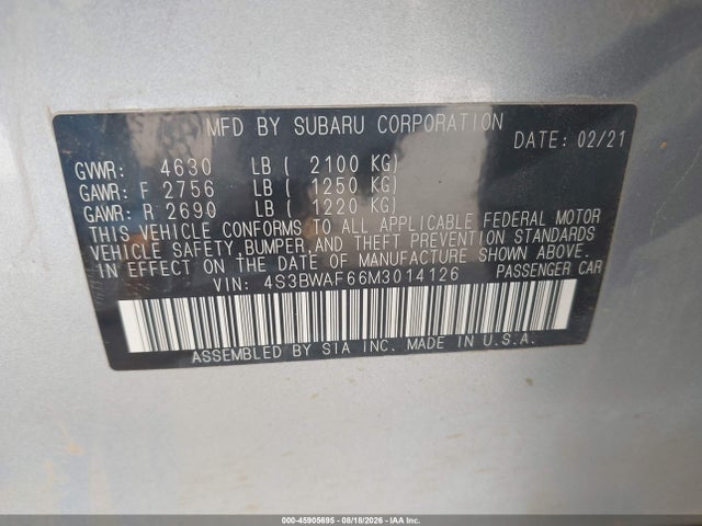 45905695 :رقم المزاد ، 4S3BWAF66M3014126 vin ، 2021 Subaru Legacy Premium مزاد بيع