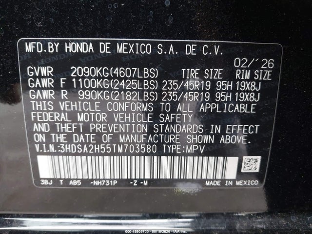 Aukcja sprzedaży 2026 Acura Adx A-spec, vin: 3HDSA2H55TM703580, numer aukcji: 45905700