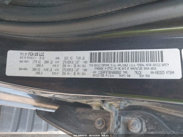 45905701 :رقم المزاد ، 1C6SRFBT6KN668262 vin ، 2019 Ram 1500 مزاد بيع