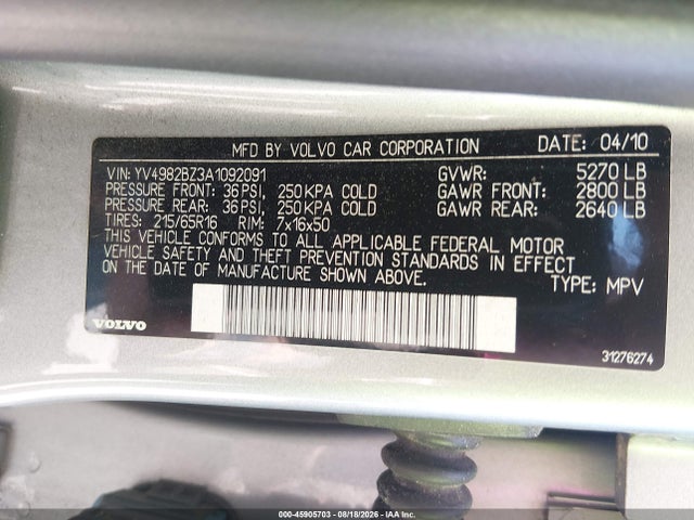 45905703 :رقم المزاد ، YV4982BZ3A1092091 vin ، 2010 Volvo Xc70 3.2 مزاد بيع