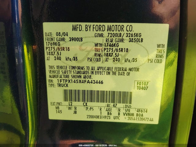 Aukcja sprzedaży 2004 Ford F-150 Fx4/lariat/xl/xlt, vin: 1FTPX145X4FA43446, numer aukcji: 45905705