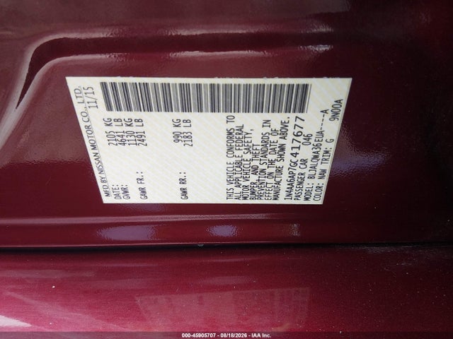 Продаж на аукціоні авто 2016 Nissan Maxima 3.5s/sv/sl/sr/plat, vin: 1N4AA6AP7GC417677, номер лоту: 45905707