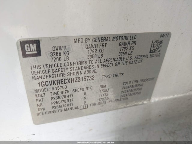 Aukcja sprzedaży 2017 Chevrolet Silverado 1500 Lt, vin: 1GCVKRECXHZ316732, numer aukcji: 45905709