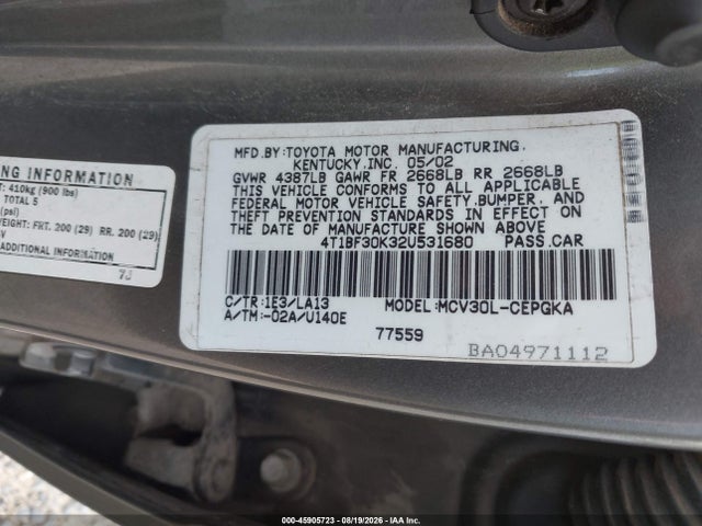 Продажа на аукционе авто 2002 Toyota Camry Xle, vin: 4T1BF30K32U531680, номер лота: 45905723