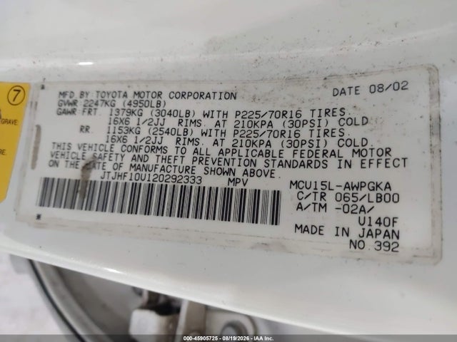 Продажа на аукционе авто 2002 Lexus Rx 300, vin: JTJHF10U120292333, номер лота: 45905725