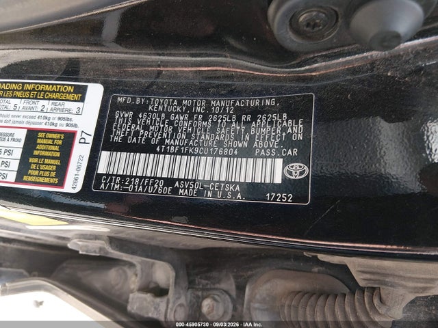 Aukcja sprzedaży 2012 Toyota Camry Se, vin: 4T1BF1FK9CU176804, numer aukcji: 45905730