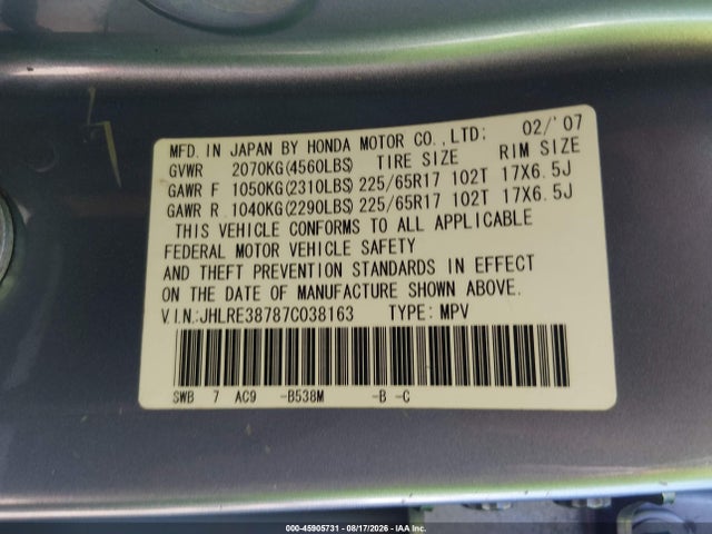 Aukcja sprzedaży 2007 Honda Cr-v Ex-l, vin: JHLRE38787C038163, numer aukcji: 45905731