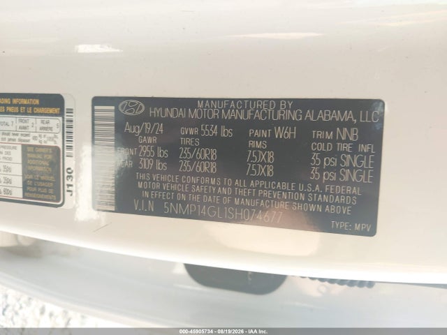 45905734 :رقم المزاد ، 5NMP14GL1SH074677 vin ، 2025 Hyundai Santa Fe Se مزاد بيع