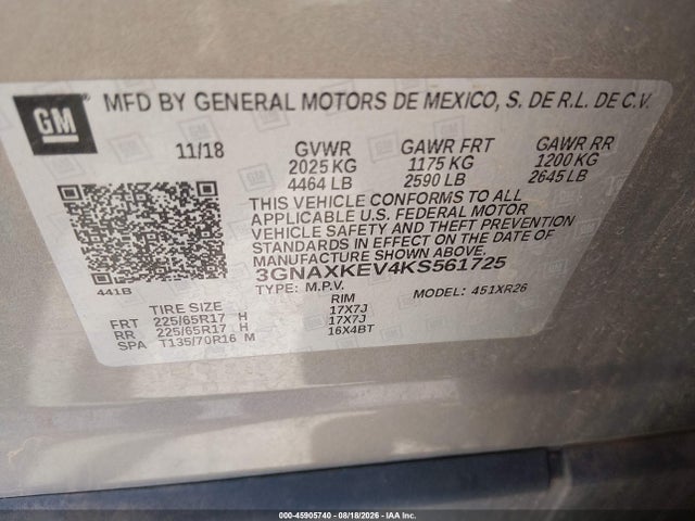 2019 Chevrolet Equinox Lt მანქანა იყიდება აუქციონზე, vin: 3GNAXKEV4KS561725, აუქციონის ნომერი: 45905740
