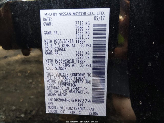 2017 Nissan Pathfinder S მანქანა იყიდება აუქციონზე, vin: 5N1DR2MM4HC686274, აუქციონის ნომერი: 45905741