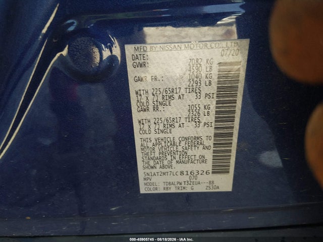 Продажа на аукционе авто 2020 Nissan Rogue S Fwd, vin: 5N1AT2MT7LC816326, номер лота: 45905745