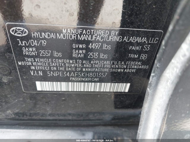 45905767 :رقم المزاد ، 5NPE34AF5KH801357 vin ، 2019 Hyundai Sonata Limited مزاد بيع