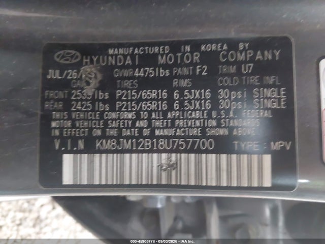 Продаж на аукціоні авто 2008 Hyundai Tucson Gls, vin: KM8JM12B18U757700, номер лоту: 45905778