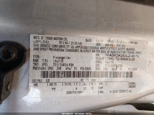 Продажа на аукционе авто 2018 Ford Focus Se, vin: 1FADP3K25JL214310, номер лота: 45905791