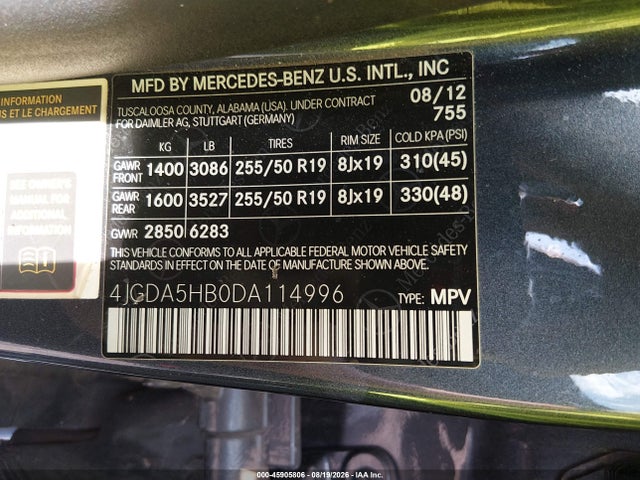 45905806 :رقم المزاد ، 4JGDA5HB0DA114996 vin ، 2013 Mercedes-benz Ml 350 4matic مزاد بيع