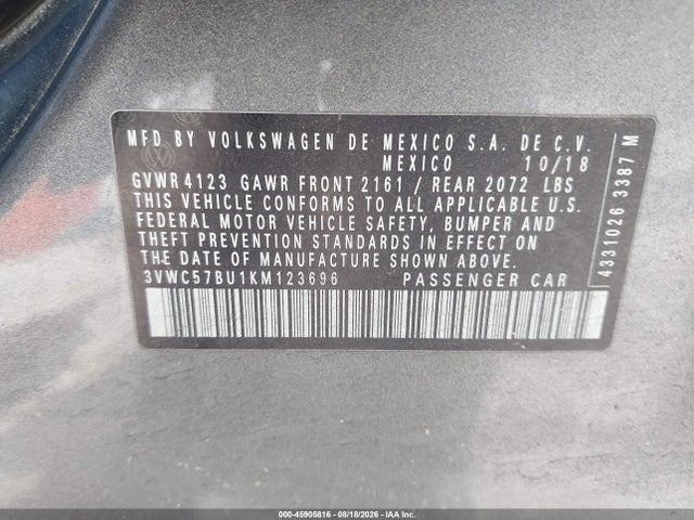 Продажа на аукционе авто 2019 Volkswagen Jetta 1.4t R-line/1.4t S/1.4t Se, vin: 3VWC57BU1KM123696, номер лота: 45905816