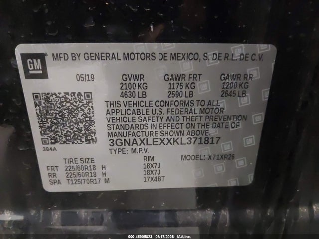 45905823 :رقم المزاد ، 3GNAXLEXXKL371817 vin ، 2019 Chevrolet Equinox Lt مزاد بيع