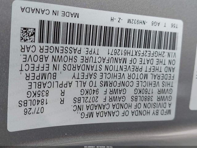 Aukcja sprzedaży 2026 Honda Civic Sport, vin: 2HGFE2F5XTH612671, numer aukcji: 45905831