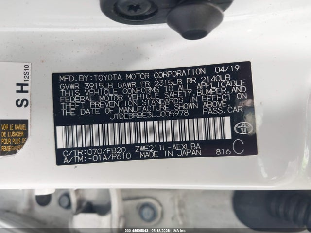 Aukcja sprzedaży 2020 Toyota Corolla Hybrid Le, vin: JTDEBRBE3LJ005978, numer aukcji: 45905843