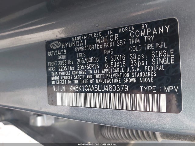 45905847 :رقم المزاد ، KM8K1CAA5LU480379 vin ، 2020 Hyundai Kona Se مزاد بيع