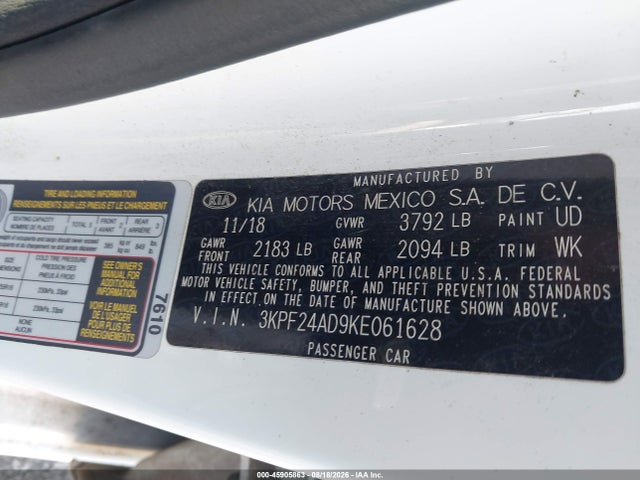 Продаж на аукціоні авто 2019 Kia Forte Lxs, vin: 3KPF24AD9KE061628, номер лоту: 45905863