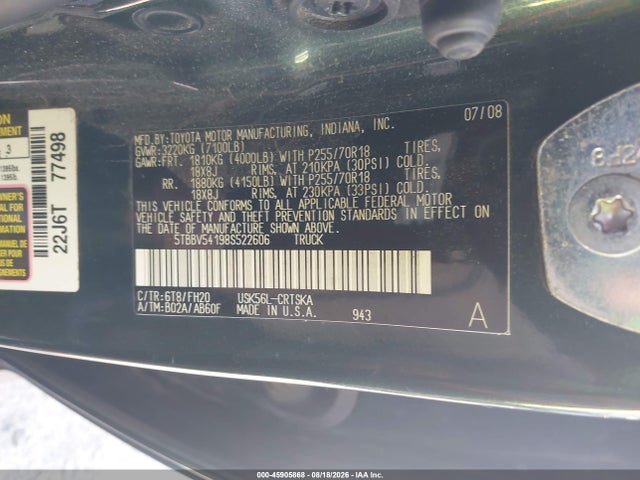 Продаж на аукціоні авто 2008 Toyota Tundra Base 5.7l V8, vin: 5TBBV54198S522606, номер лоту: 45905868
