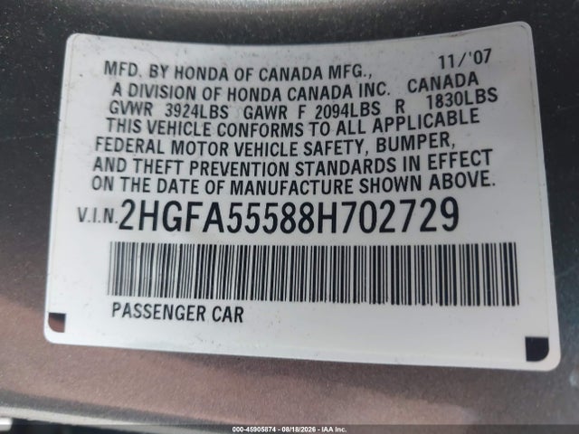 2008 Honda Civic Si/si Mugen მანქანა იყიდება აუქციონზე, vin: 2HGFA55588H702729, აუქციონის ნომერი: 45905874