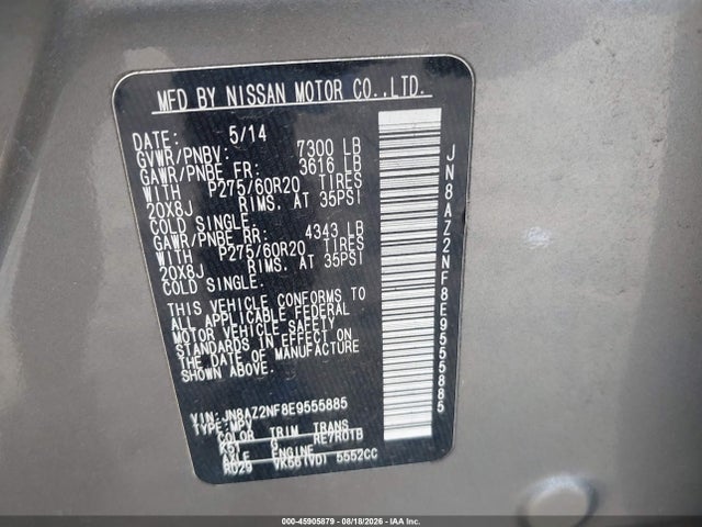 Продажа на аукционе авто 2014 Infiniti Qx80, vin: JN8AZ2NF8E9555885, номер лота: 45905879