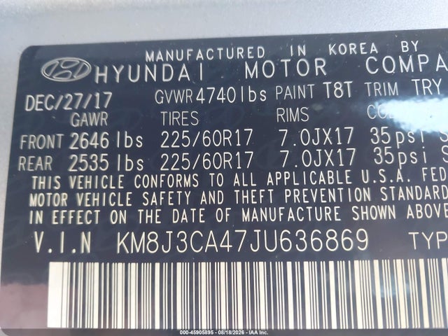 2018 Hyundai Tucson Sel Plus მანქანა იყიდება აუქციონზე, vin: KM8J3CA47JU636869, აუქციონის ნომერი: 45905895