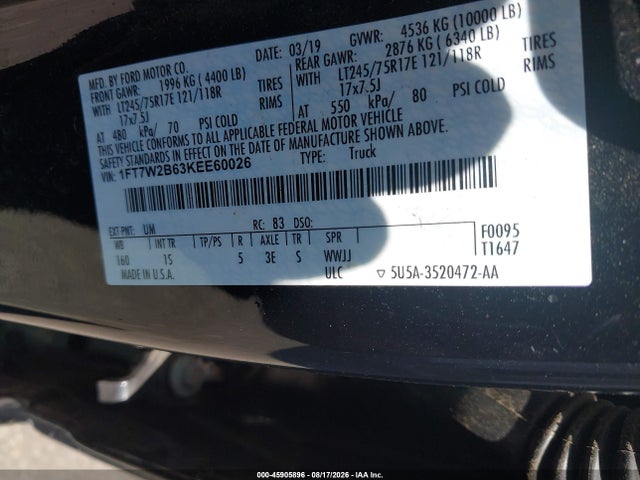 Продаж на аукціоні авто 2019 Ford F-250 Xl, vin: 1FT7W2B63KEE60026, номер лоту: 45905896