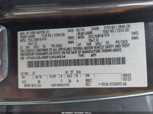 45905904 :رقم المزاد ، 1FMCU9J90FUA04534 vin ، 2015 Ford Escape Titanium مزاد بيع