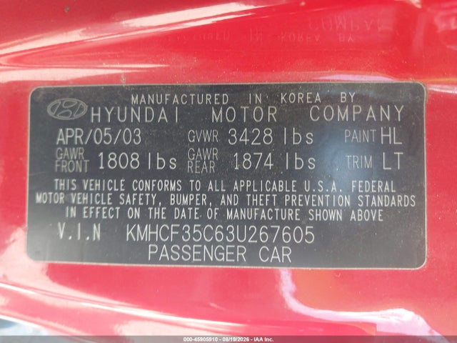 Продаж на аукціоні авто 2003 Hyundai Accent, vin: KMHCF35C63U267605, номер лоту: 45905910