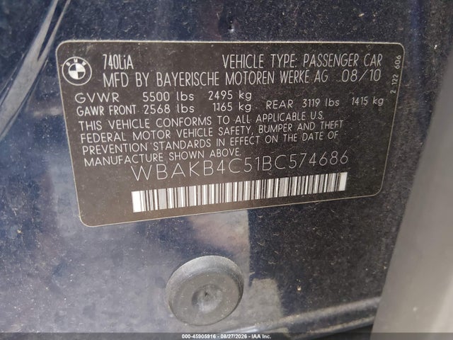 45905916 :رقم المزاد ، WBAKB4C51BC574686 vin ، 2011 Bmw 740li مزاد بيع