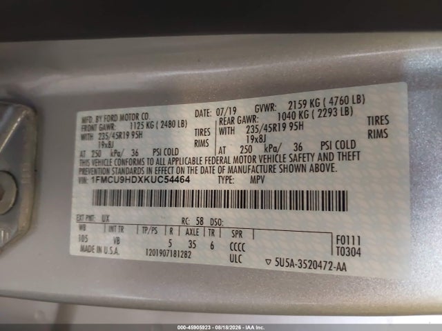 Продажа на аукционе авто 2019 Ford Escape Sel, vin: 1FMCU9HDXKUC54464, номер лота: 45905923