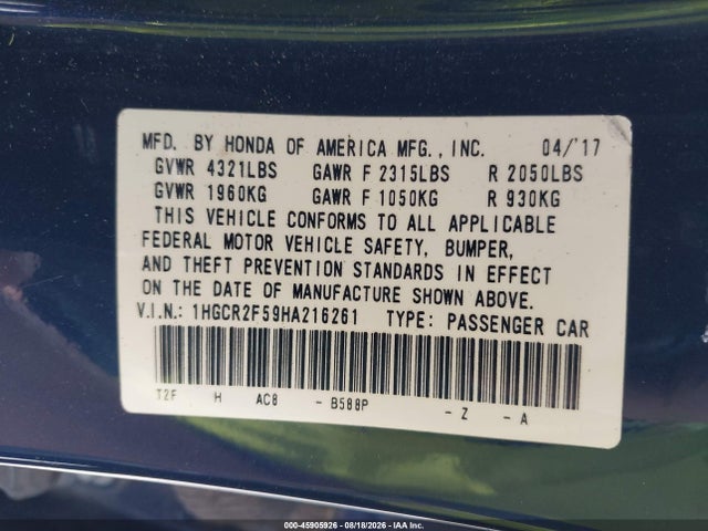 Aukcja sprzedaży 2017 Honda Accord Sport, vin: 1HGCR2F59HA216261, numer aukcji: 45905926