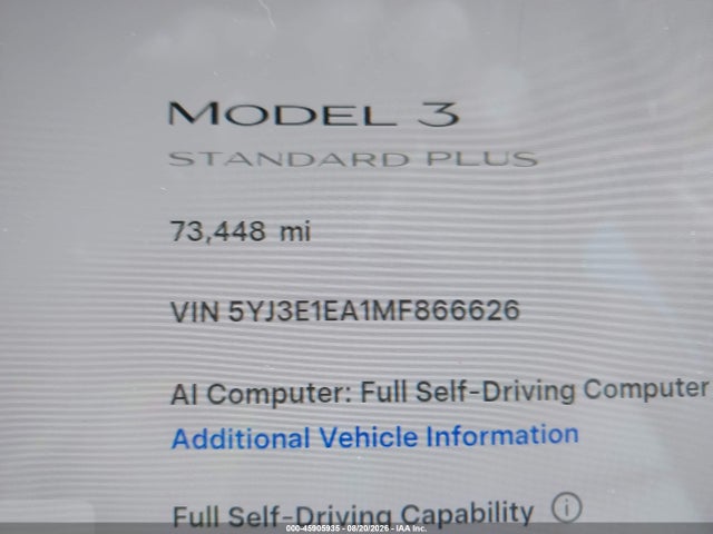 45905935 :رقم المزاد ، 5YJ3E1EA1MF866626 vin ، 2021 Tesla Model 3 Standard Range Plus Rear-wheel Drive مزاد بيع