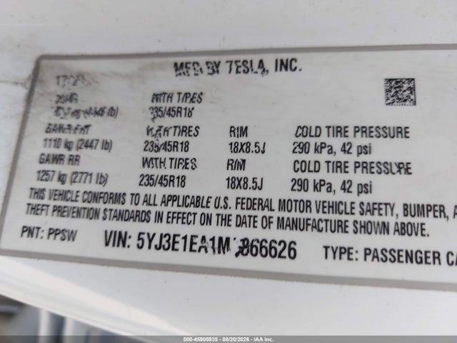45905935 :رقم المزاد ، 5YJ3E1EA1MF866626 vin ، 2021 Tesla Model 3 Standard Range Plus Rear-wheel Drive مزاد بيع