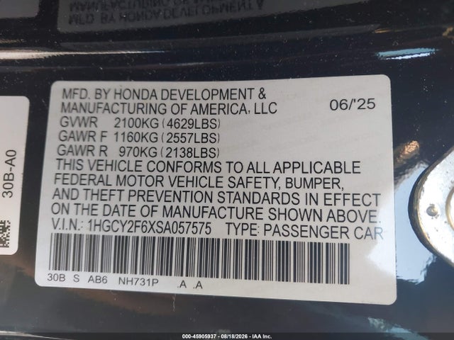 Продаж на аукціоні авто 2025 Honda Accord Hybrid Ex-l, vin: 1HGCY2F6XSA057575, номер лоту: 45905937