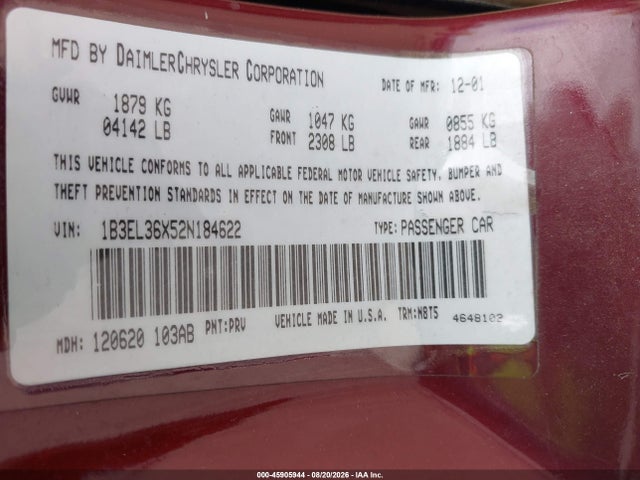 2002 Dodge Stratus Se მანქანა იყიდება აუქციონზე, vin: 1B3EL36X52N184622, აუქციონის ნომერი: 45905944