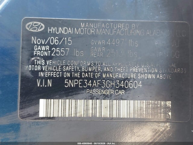2016 Hyundai Sonata Sport მანქანა იყიდება აუქციონზე, vin: 5NPE34AF3GH340604, აუქციონის ნომერი: 45905948
