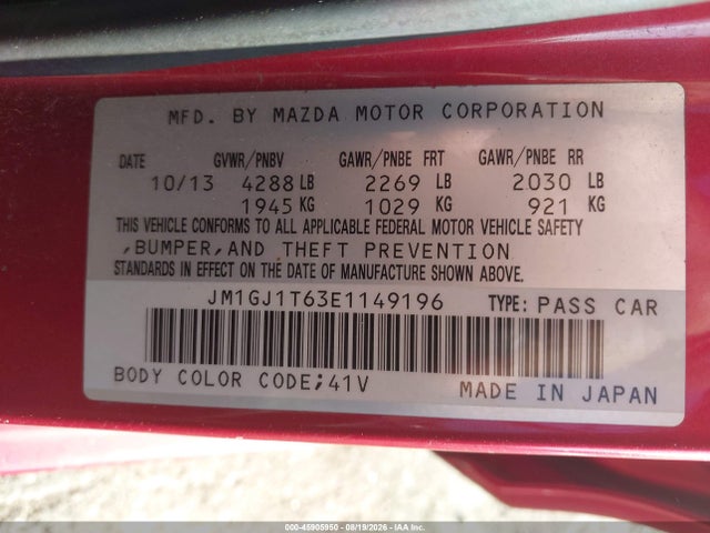 45905950 :رقم المزاد ، JM1GJ1T63E1149196 vin ، 2014 Mazda Mazda6 I Touring مزاد بيع