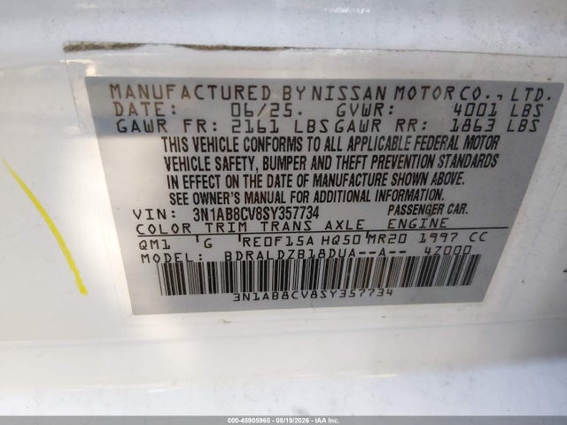 Aukcja sprzedaży 2025 Nissan Sentra Sv, vin: 3N1AB8CV8SY357734, numer aukcji: 45905960