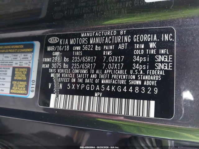 2019 Kia Sorento 3.3l Lx მანქანა იყიდება აუქციონზე, vin: 5XYPGDA54KG448329, აუქციონის ნომერი: 45905964