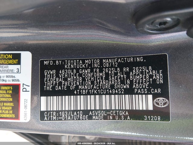 Продаж на аукціоні авто 2012 Toyota Camry Se/le/xle, vin: 4T1BF1FK1CU149452, номер лоту: 45905965
