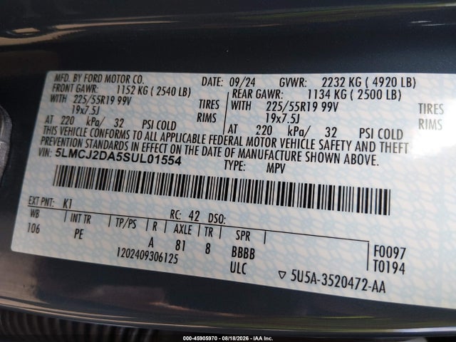 Продаж на аукціоні авто 2025 Lincoln Corsair Reserve, vin: 5LMCJ2DA5SUL01554, номер лоту: 45905970