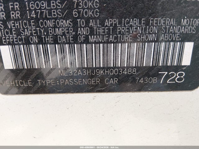 2019 Mitsubishi Mirage Es მანქანა იყიდება აუქციონზე, vin: ML32A3HJ9KH003488, აუქციონის ნომერი: 45905981