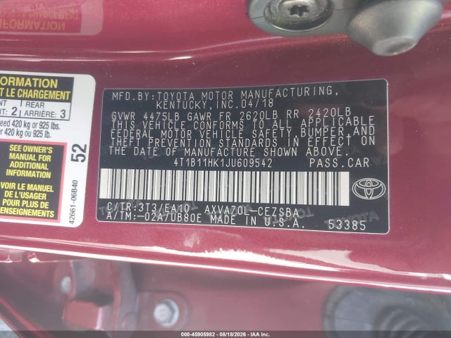 4T1B11HK1JU609542 Toyota CAMRY SE