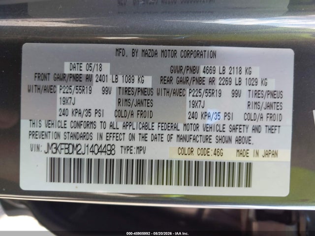 2018 Mazda Cx-5 Grand Touring მანქანა იყიდება აუქციონზე, vin: JM3KFBDM2J1404498, აუქციონის ნომერი: 45905992